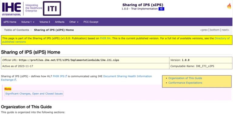 Landing page of the IHE Sharing of IPS (sIPS) Profile
