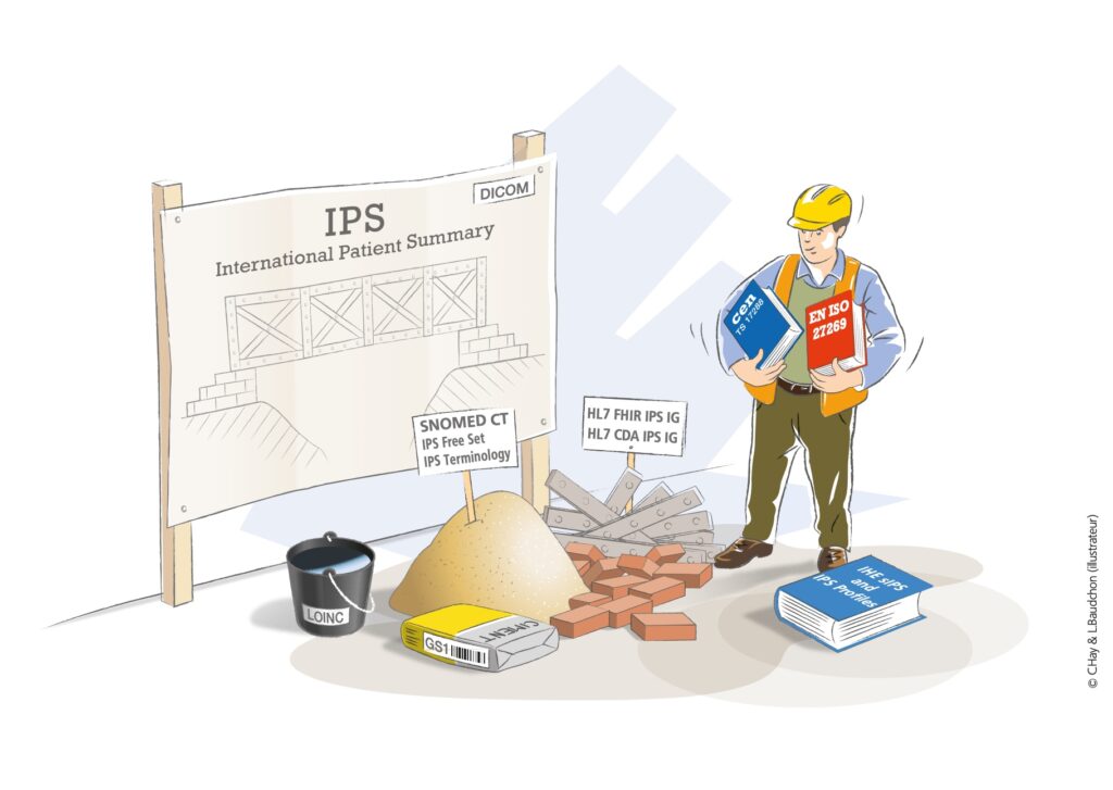 Cartoon showing the IPS as a bridge and a construction worker having access to building materials from different SDOs including all the IPS artefacts.